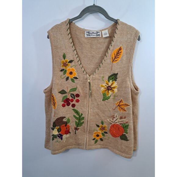 Tiara Vintage Women's Tan Fall Embroidered Beaded Sweater Vest Large Pumpkin - Picture 1 of 8